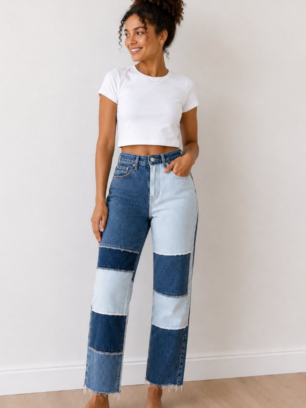 Hollister Patchwork Two-Tone Straight Leg Jeans - Light & Dark Blue